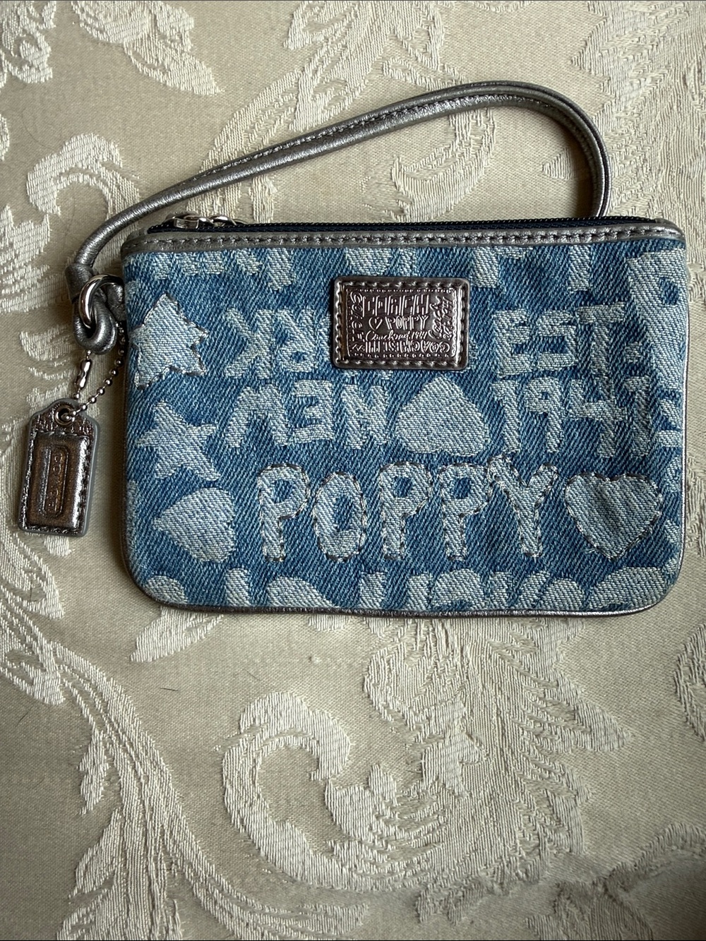 Coach Blue Denim 'Poppy' Logo Wristlet with Silver Trim